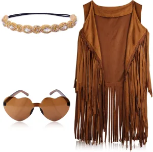 60s 70s Hippie Costume Set for Women, Bohemian Costume Accessories Set Fringe Vest Leopard Print Earrings Headband Heart Sunglasses (XXL)