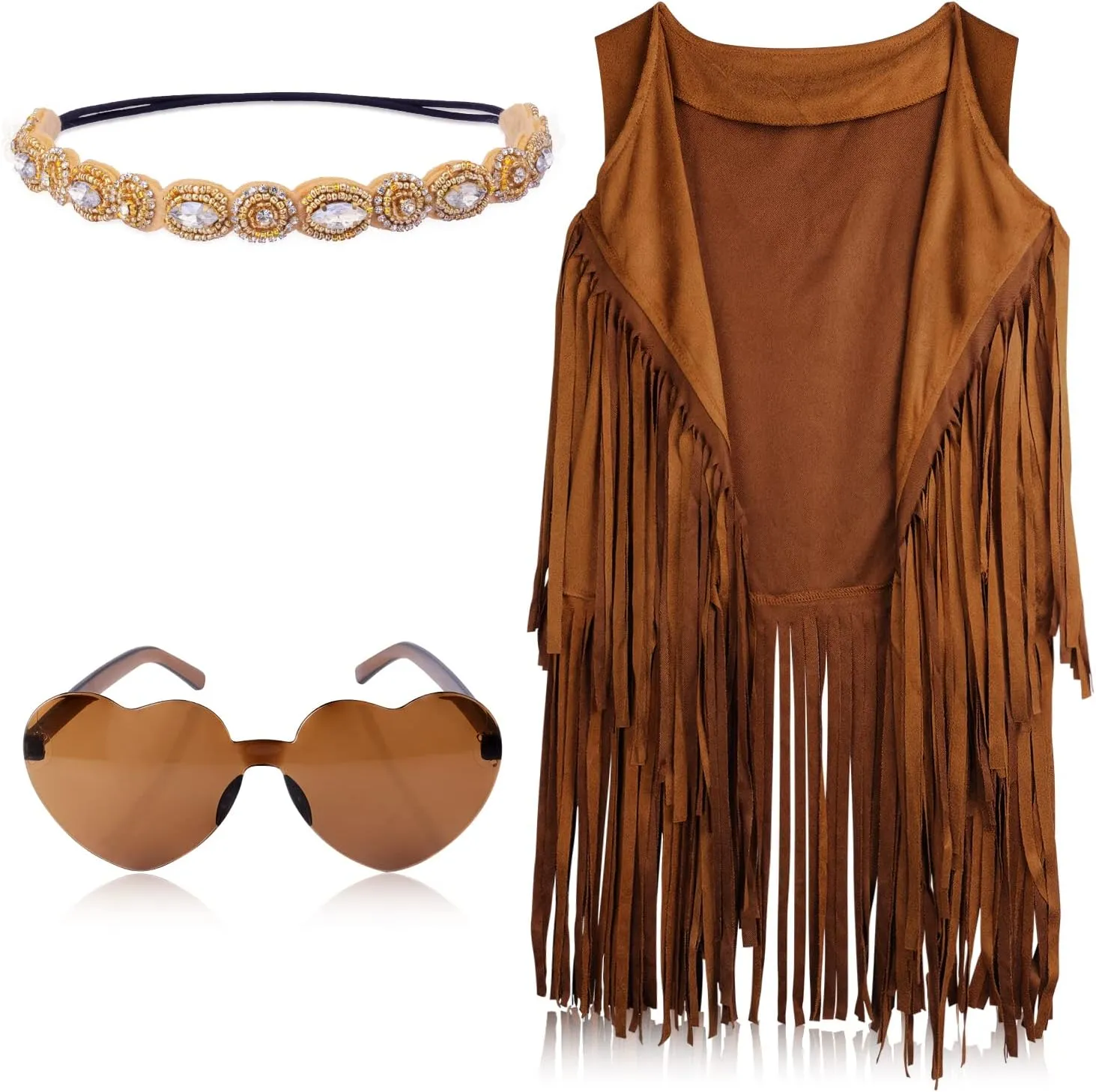 60s 70s Hippie Costume Set for Women, Bohemian Costume Accessories Set Fringe Vest Leopard Print Earrings Headband Heart Sunglasses (XXL)
