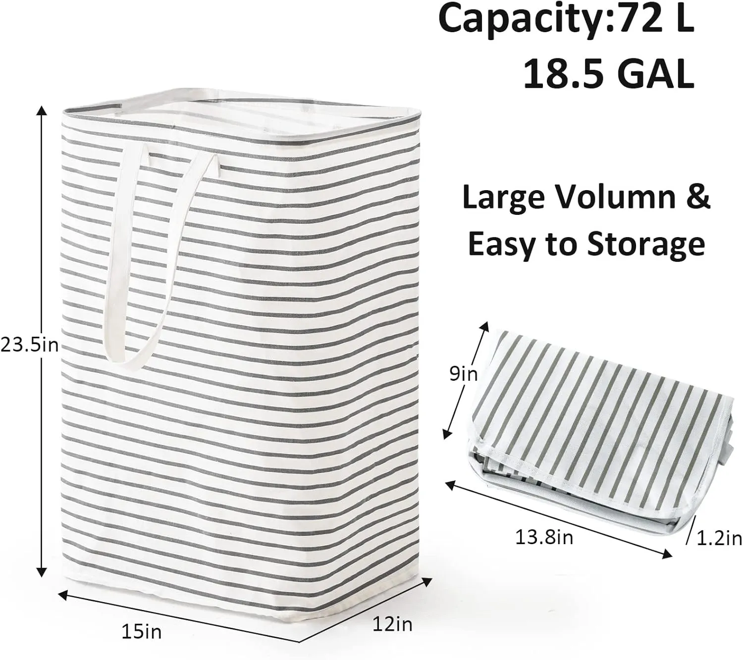 70L Freestanding Laundry Hamper, Collapsible Waterproof Clothes Basket with Easy Carry Long Handle, Washing Bag for Clothes, Toys (1 Pack, Grey)