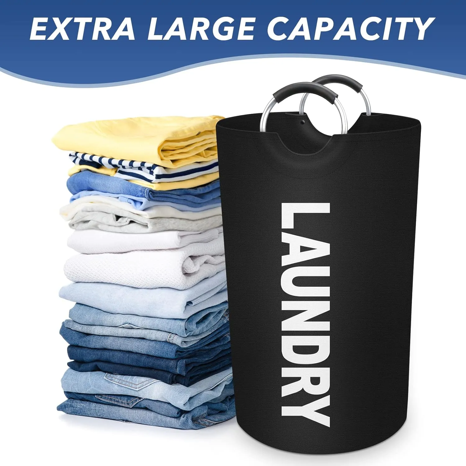 90L Large Laundry Basket, Freestanding Waterproof Laundry Hamper, Collapsible Folding Tall Clothes Hamper, Easy Carry with Foam Protected Aluminum Handles for Dorm, Family, Travel (Black)