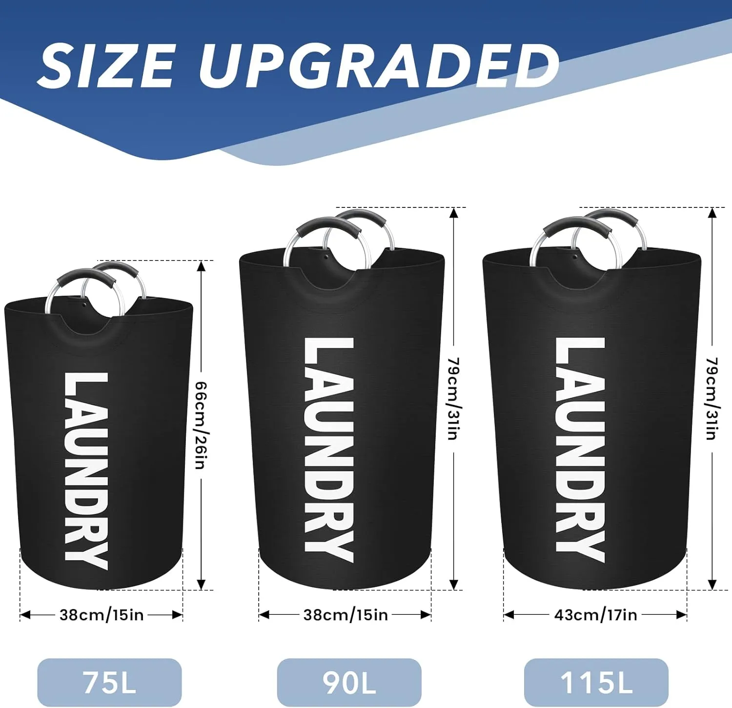 90L Large Laundry Basket, Freestanding Waterproof Laundry Hamper, Collapsible Folding Tall Clothes Hamper, Easy Carry with Foam Protected Aluminum Handles for Dorm, Family, Travel (Black)