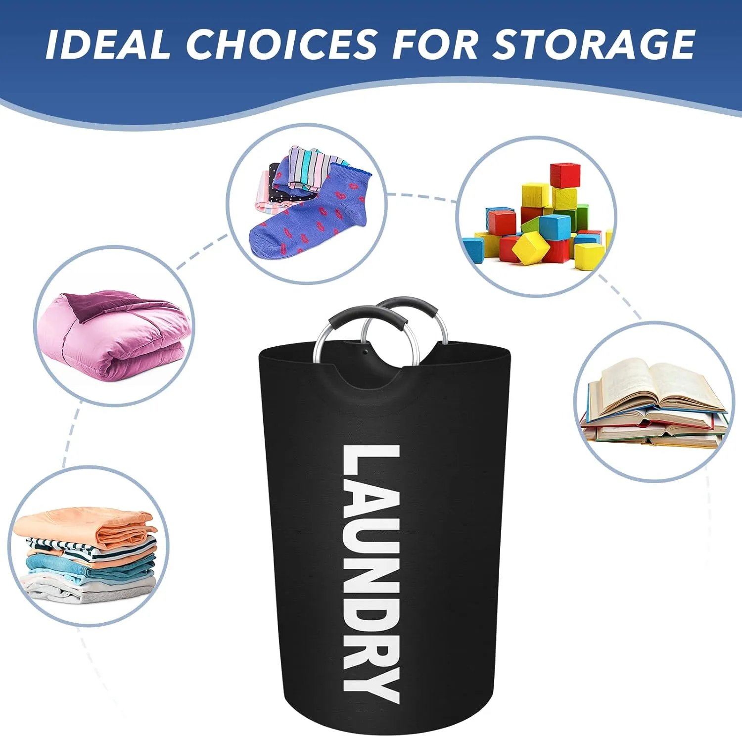 90L Large Laundry Basket, Freestanding Waterproof Laundry Hamper, Collapsible Folding Tall Clothes Hamper, Easy Carry with Foam Protected Aluminum Handles for Dorm, Family, Travel (Black)