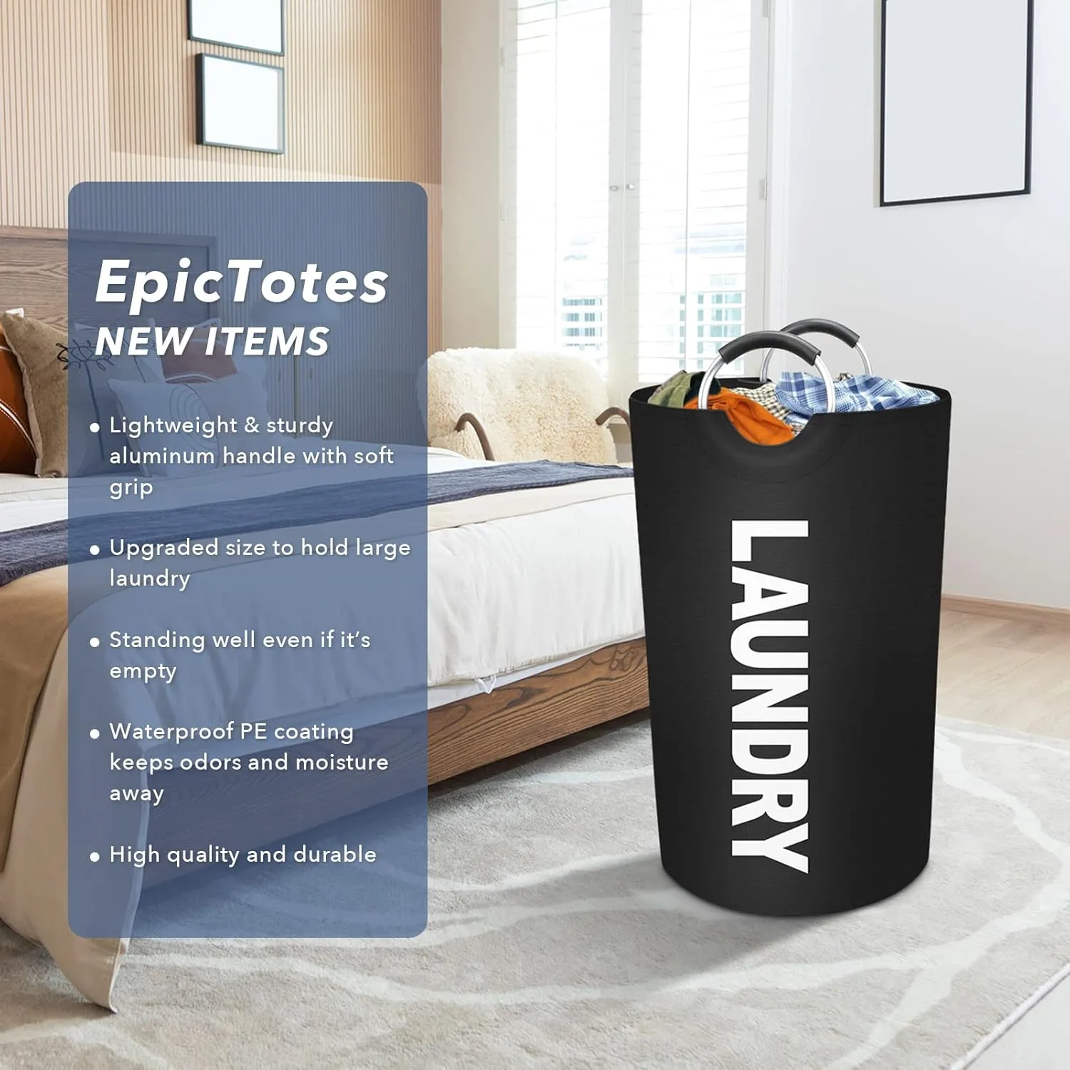 90L Large Laundry Basket, Freestanding Waterproof Laundry Hamper, Collapsible Folding Tall Clothes Hamper, Easy Carry with Foam Protected Aluminum Handles for Dorm, Family, Travel (Black)