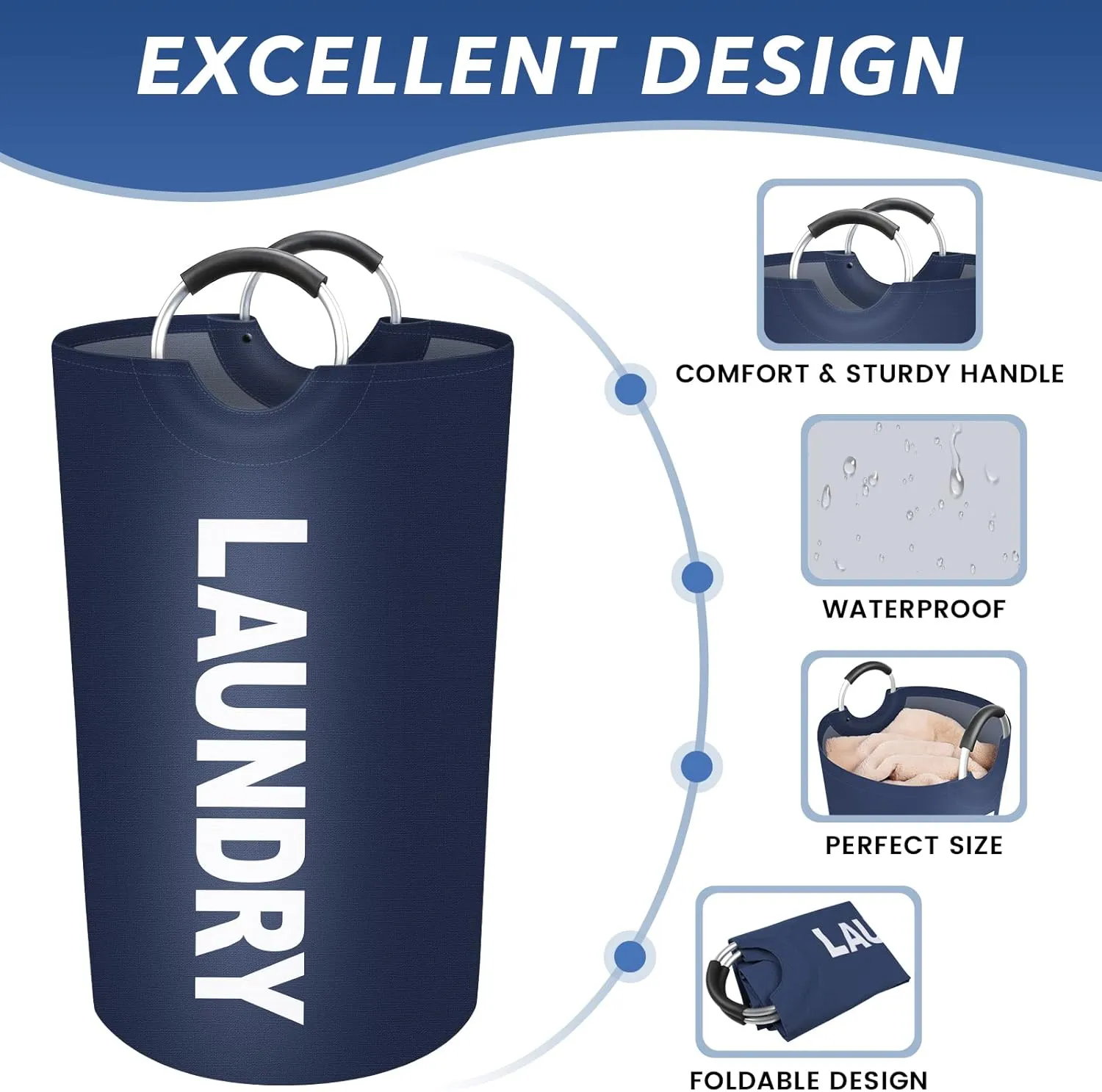 90L Large Laundry Basket, Freestanding Waterproof Laundry Hamper, Collapsible Folding Tall Clothes Hamper, Easy Carry with Foam Protected Aluminum Handles for Dorm, Family, Travel (Blue)