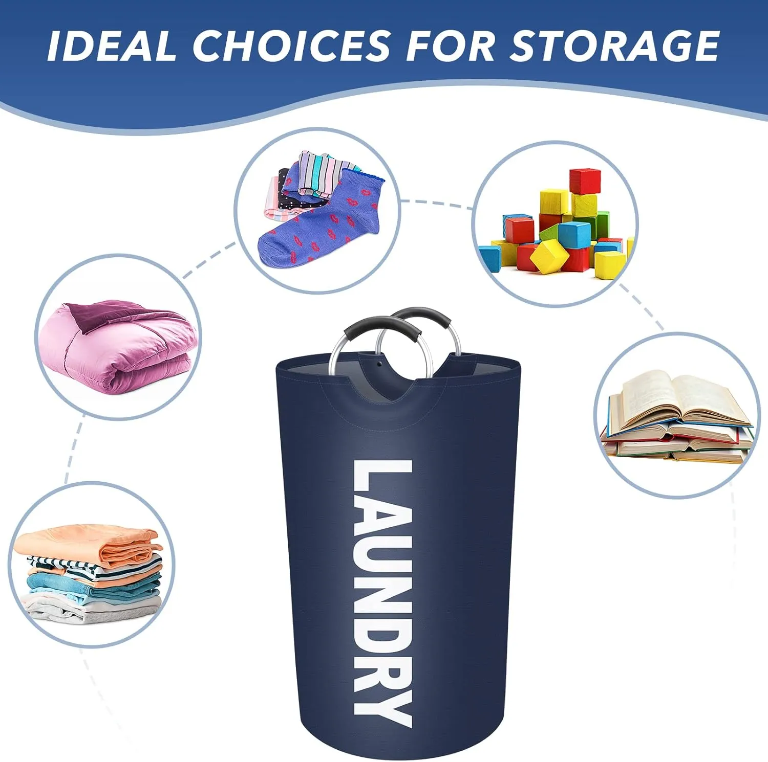 90L Large Laundry Basket, Freestanding Waterproof Laundry Hamper, Collapsible Folding Tall Clothes Hamper, Easy Carry with Foam Protected Aluminum Handles for Dorm, Family, Travel (Blue)