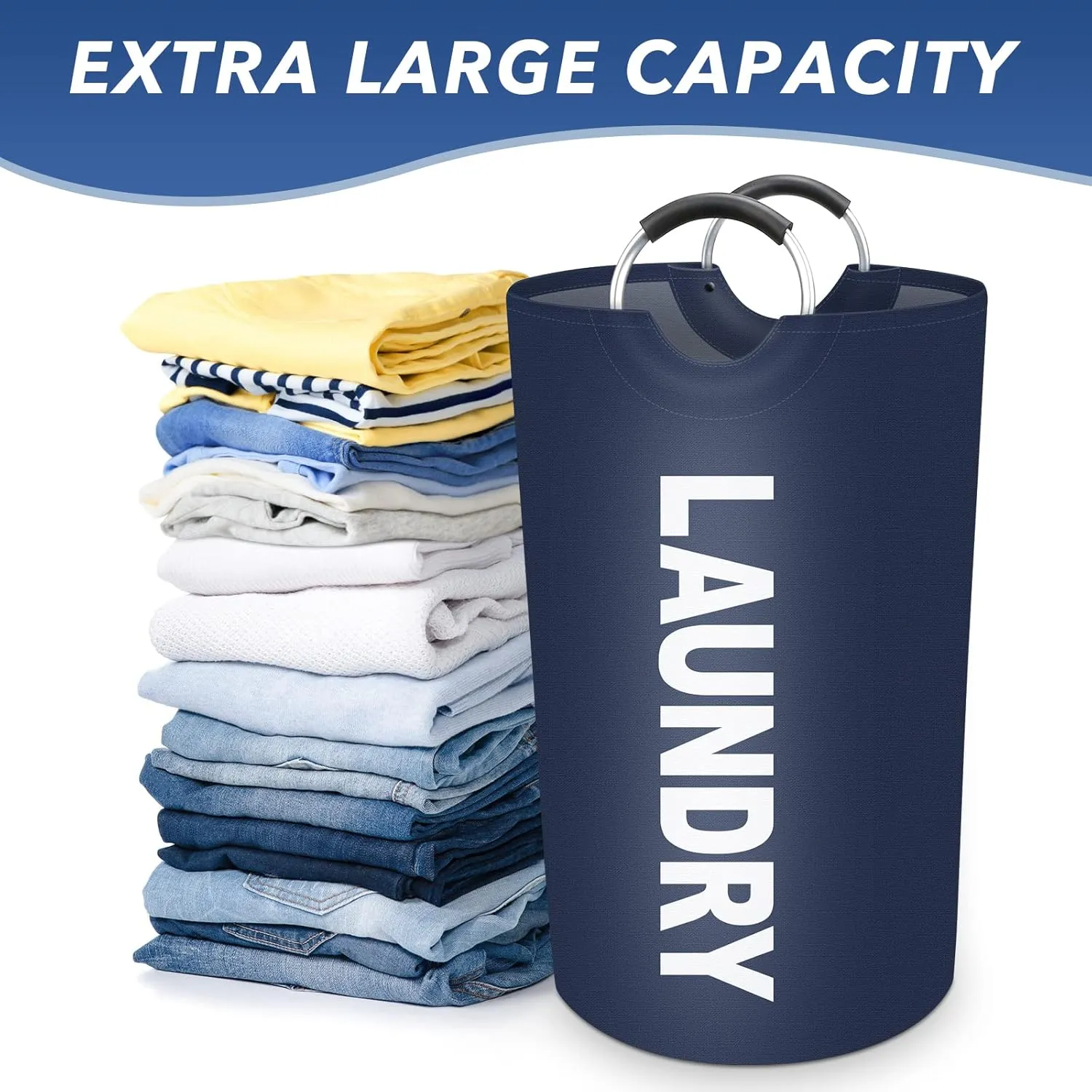 90L Large Laundry Basket, Freestanding Waterproof Laundry Hamper, Collapsible Folding Tall Clothes Hamper, Easy Carry with Foam Protected Aluminum Handles for Dorm, Family, Travel (Blue)