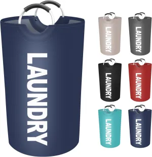 90L Large Laundry Basket, Freestanding Waterproof Laundry Hamper, Collapsible Folding Tall Clothes Hamper, Easy Carry with Foam Protected Aluminum Handles for Dorm, Family, Travel (Blue)