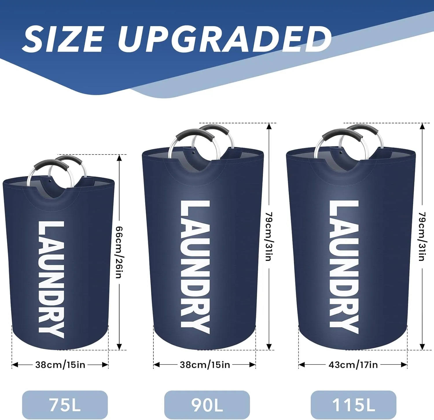 90L Large Laundry Basket, Freestanding Waterproof Laundry Hamper, Collapsible Folding Tall Clothes Hamper, Easy Carry with Foam Protected Aluminum Handles for Dorm, Family, Travel (Blue)