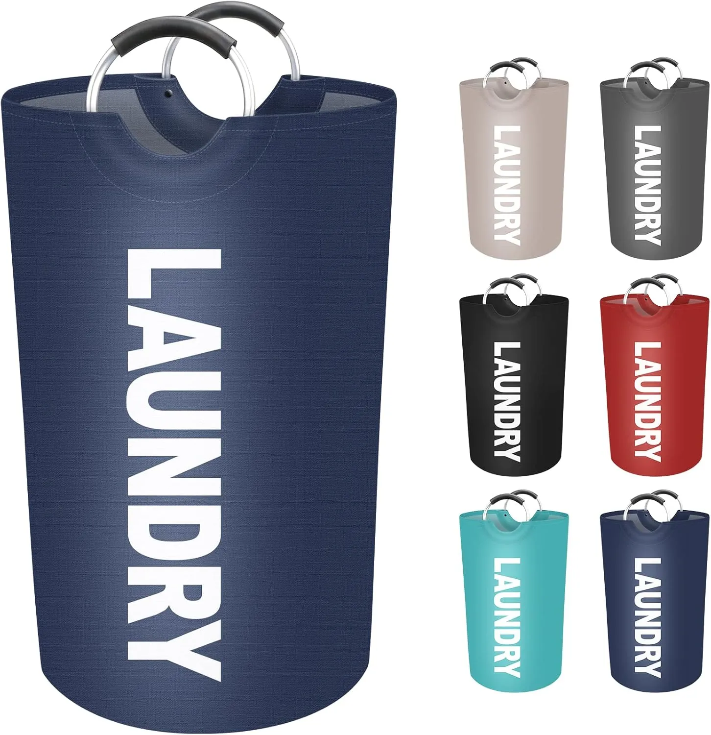 90L Large Laundry Basket, Freestanding Waterproof Laundry Hamper, Collapsible Folding Tall Clothes Hamper, Easy Carry with Foam Protected Aluminum Handles for Dorm, Family, Travel (Blue)