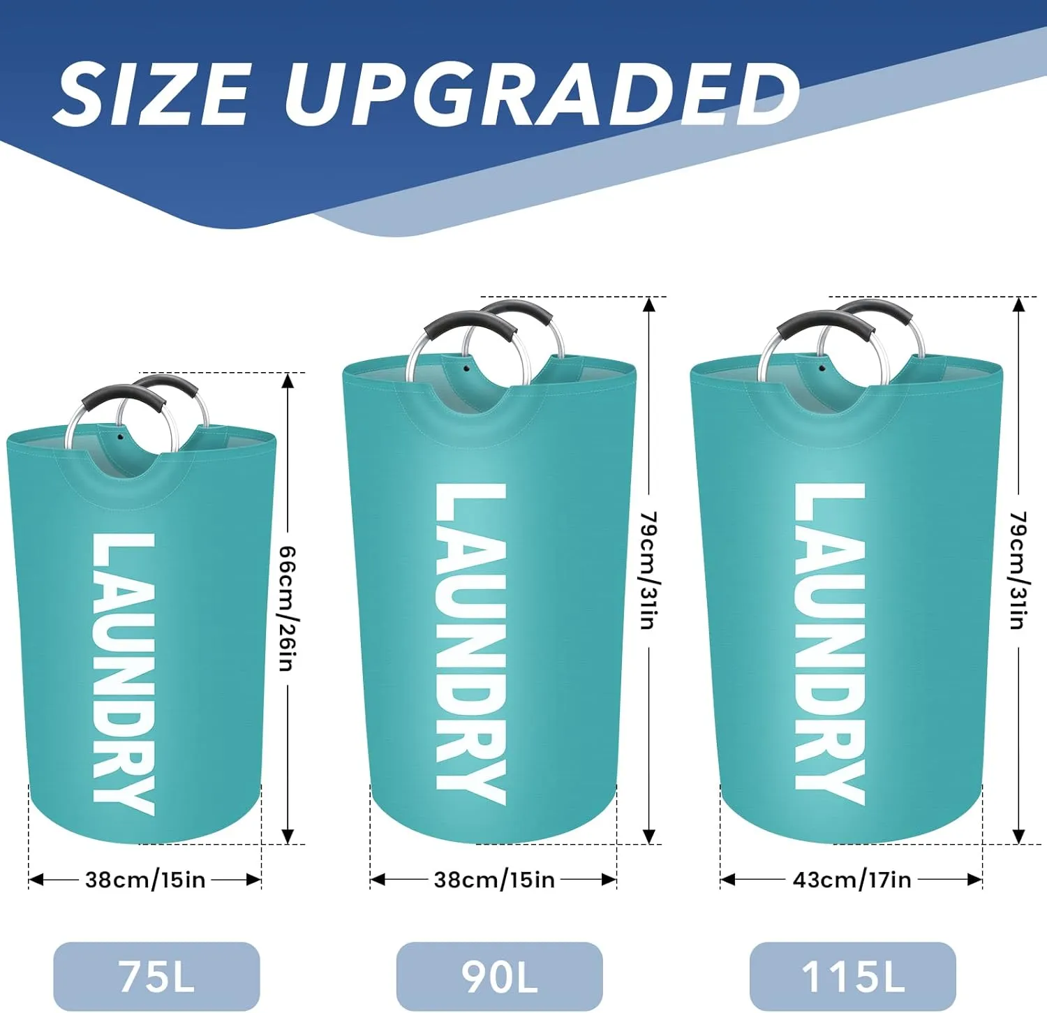 90L Large Laundry Basket, Freestanding Waterproof Laundry Hamper, Collapsible Folding Tall Clothes Hamper, Easy Carry with Foam Protected Aluminum Handles for Dorm, Family, Travel (Green)