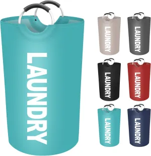 90L Large Laundry Basket, Freestanding Waterproof Laundry Hamper, Collapsible Folding Tall Clothes Hamper, Easy Carry with Foam Protected Aluminum Handles for Dorm, Family, Travel (Green)