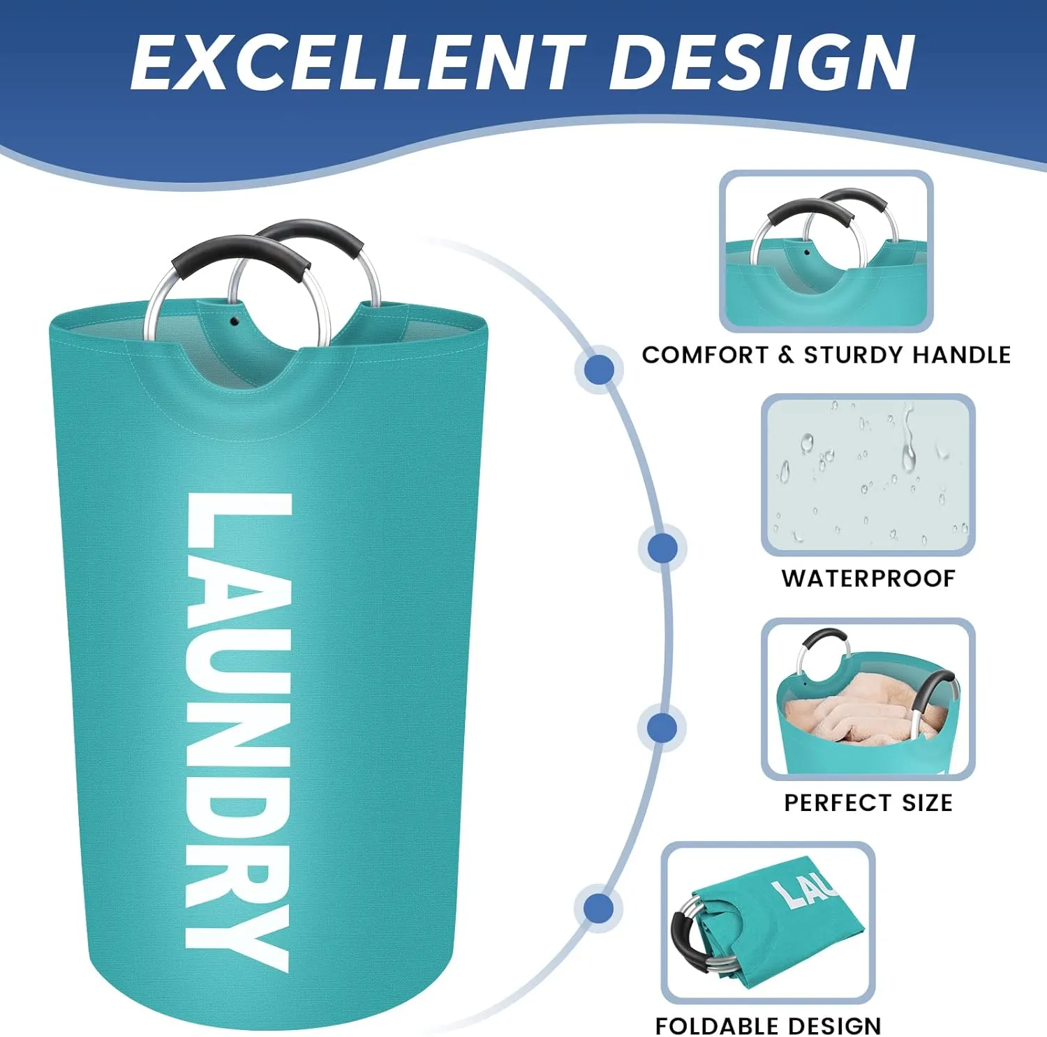 90L Large Laundry Basket, Freestanding Waterproof Laundry Hamper, Collapsible Folding Tall Clothes Hamper, Easy Carry with Foam Protected Aluminum Handles for Dorm, Family, Travel (Green)
