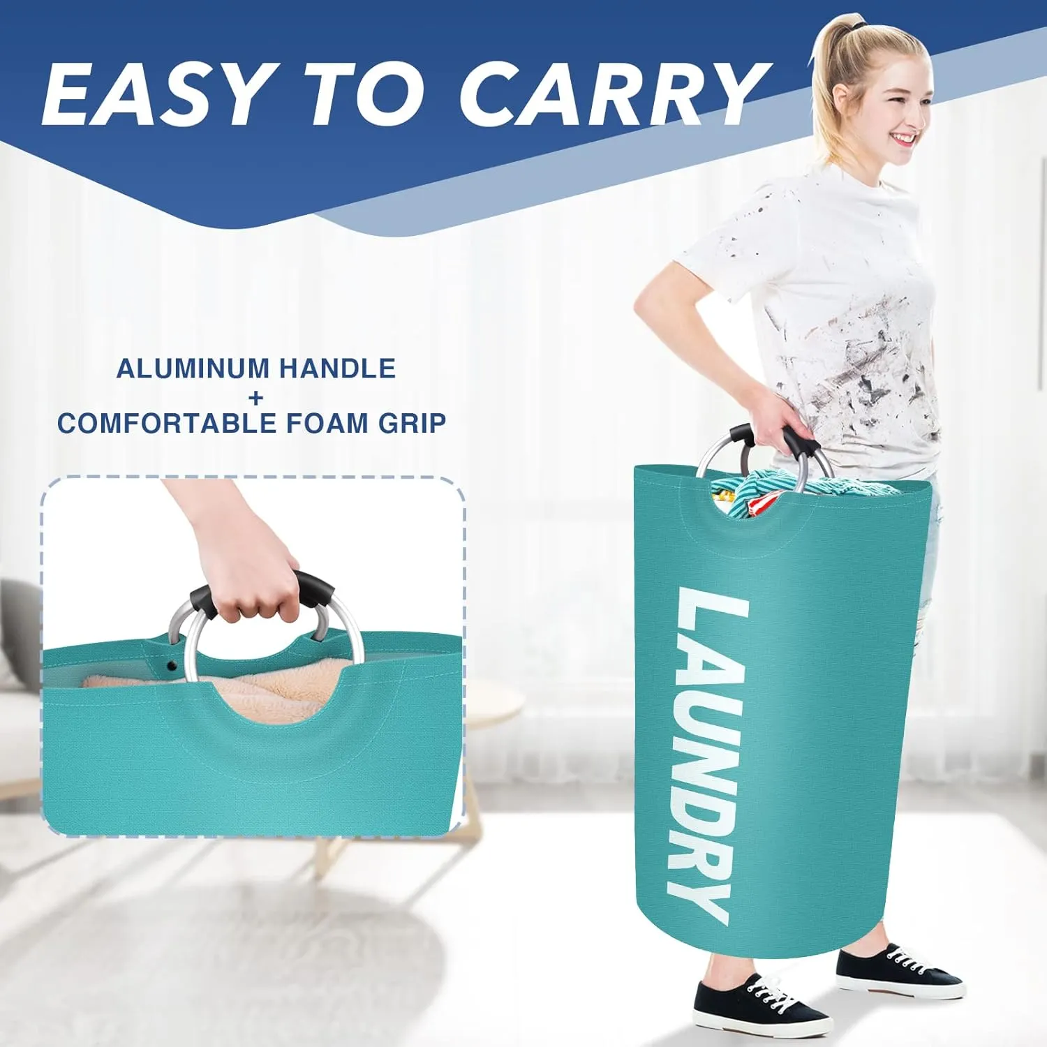 90L Large Laundry Basket, Freestanding Waterproof Laundry Hamper, Collapsible Folding Tall Clothes Hamper, Easy Carry with Foam Protected Aluminum Handles for Dorm, Family, Travel (Green)