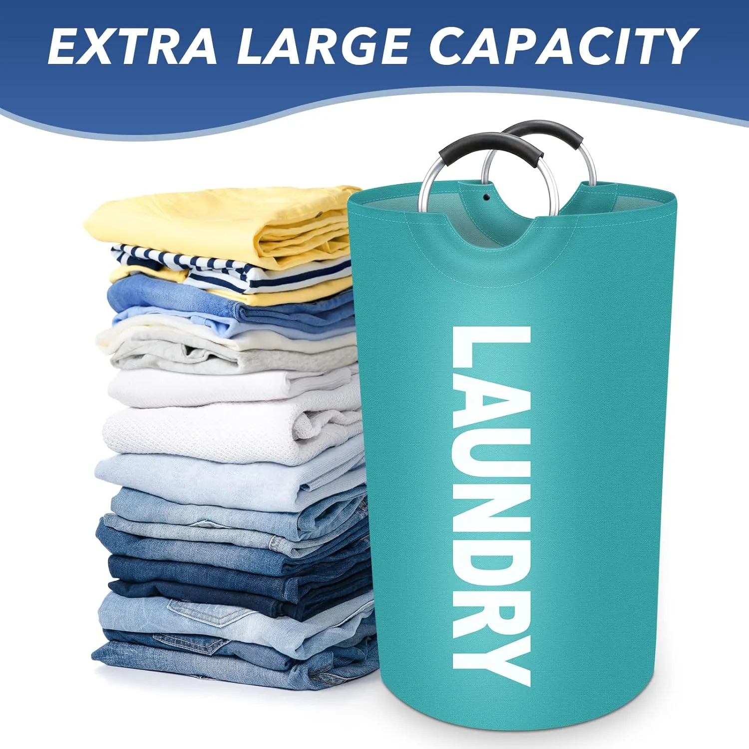90L Large Laundry Basket, Freestanding Waterproof Laundry Hamper, Collapsible Folding Tall Clothes Hamper, Easy Carry with Foam Protected Aluminum Handles for Dorm, Family, Travel (Green)