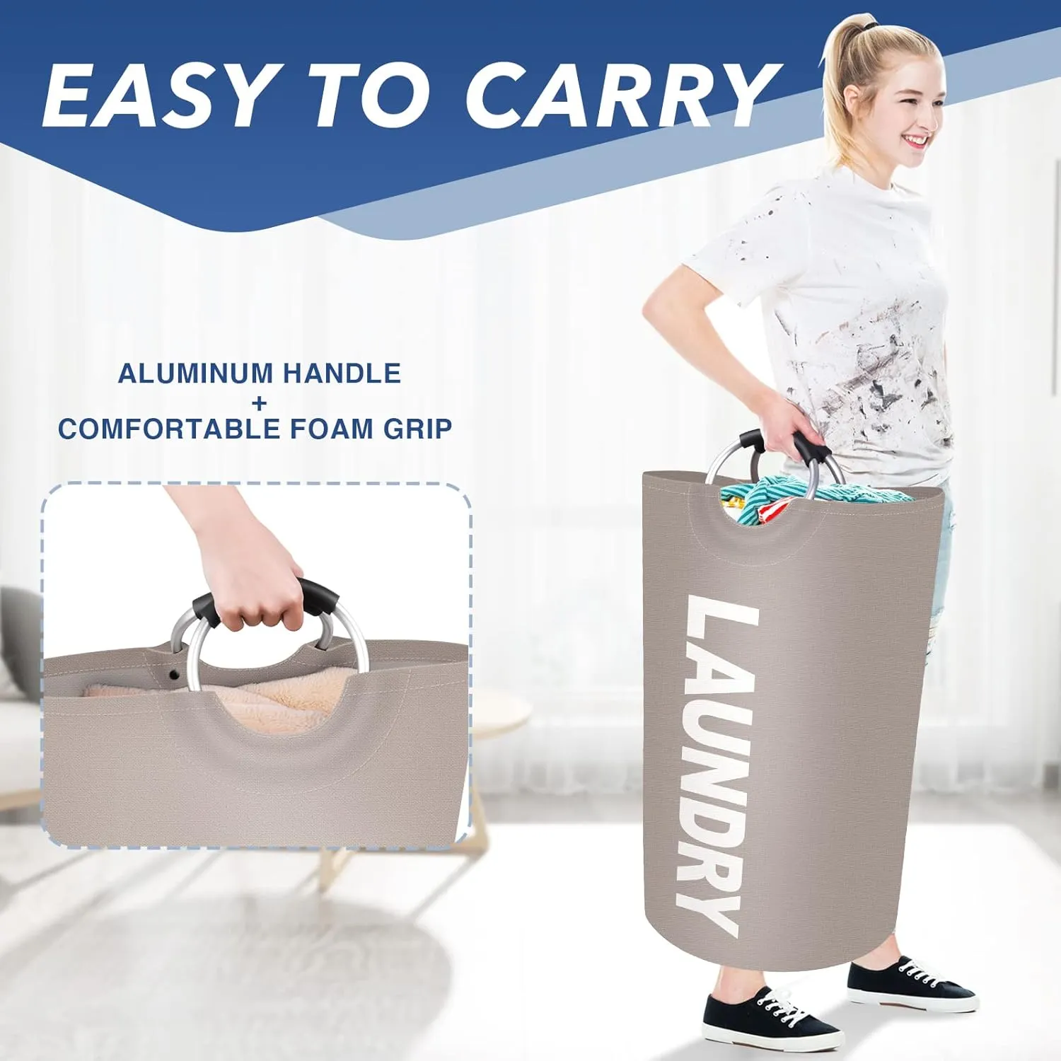 90L Large Laundry Basket, Freestanding Waterproof Laundry Hamper, Collapsible Folding Tall Clothes Hamper, Easy Carry with Foam Protected Aluminum Handles for Dorm, Family, Travel (Khaki)