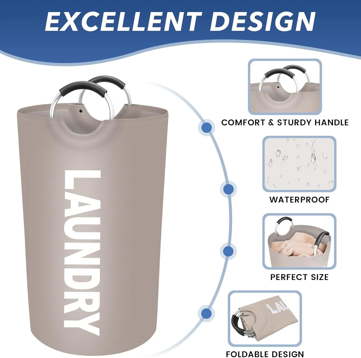 90L Large Laundry Basket, Freestanding Waterproof Laundry Hamper, Collapsible Folding Tall Clothes Hamper, Easy Carry with Foam Protected Aluminum Handles for Dorm, Family, Travel (Khaki)