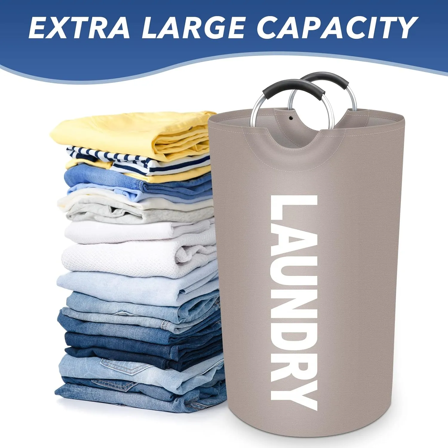 90L Large Laundry Basket, Freestanding Waterproof Laundry Hamper, Collapsible Folding Tall Clothes Hamper, Easy Carry with Foam Protected Aluminum Handles for Dorm, Family, Travel (Khaki)