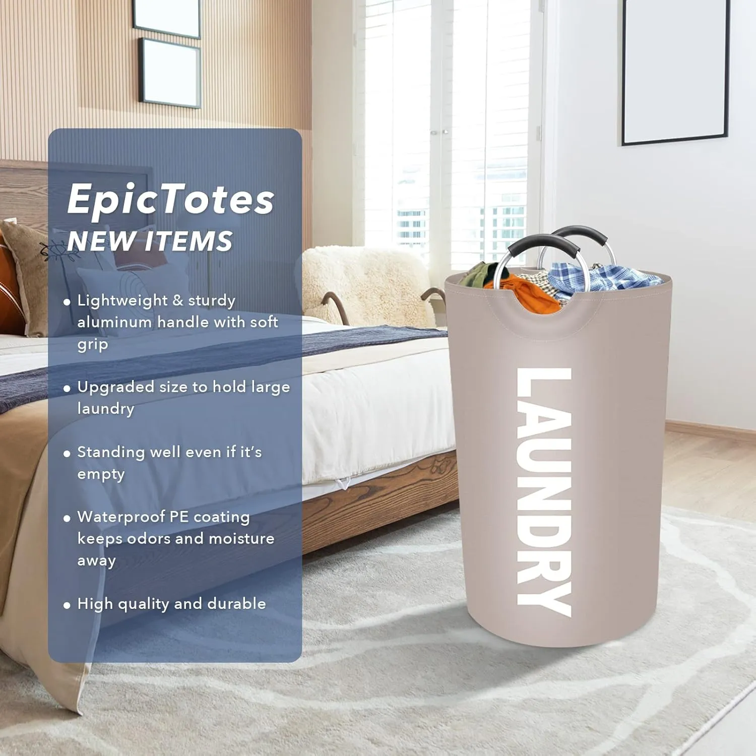 90L Large Laundry Basket, Freestanding Waterproof Laundry Hamper, Collapsible Folding Tall Clothes Hamper, Easy Carry with Foam Protected Aluminum Handles for Dorm, Family, Travel (Khaki)