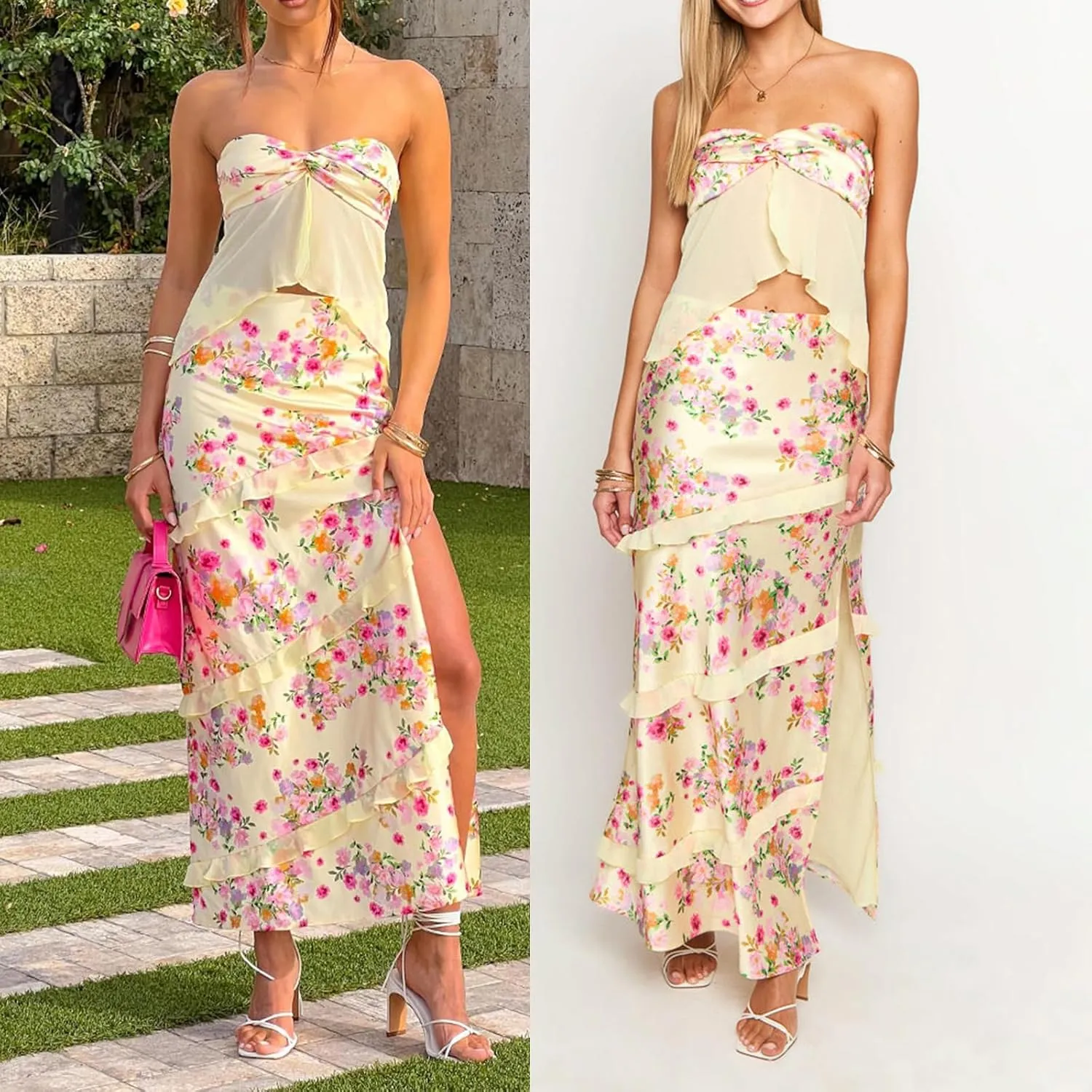 Adoeren Women Y2k Ruffle Maxi Skirt Set Sleeveless Strapless Crop Top Floral High Split Long Skirt 2 Piece Outfits