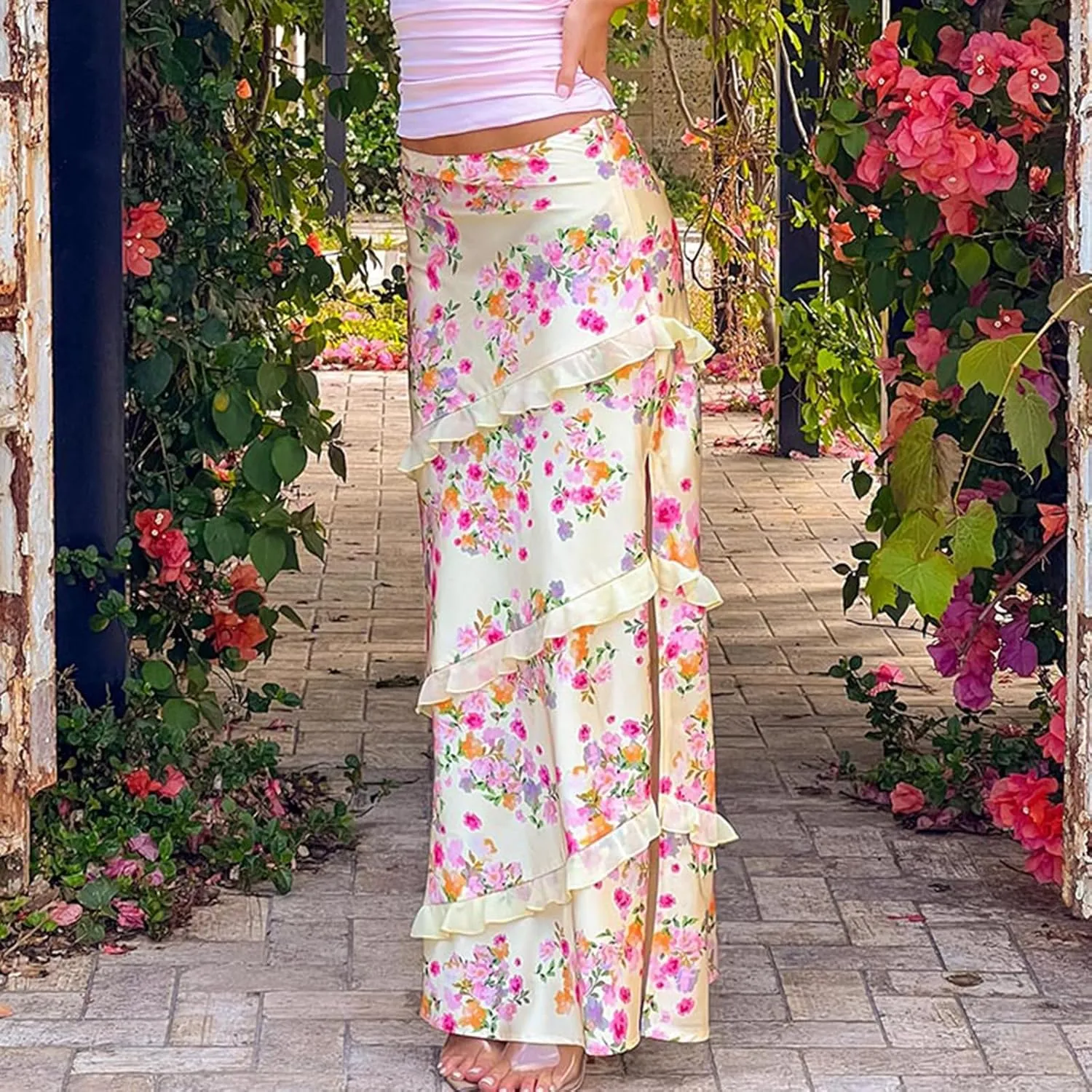 Adoeren Women Y2k Ruffle Maxi Skirt Set Sleeveless Strapless Crop Top Floral High Split Long Skirt 2 Piece Outfits