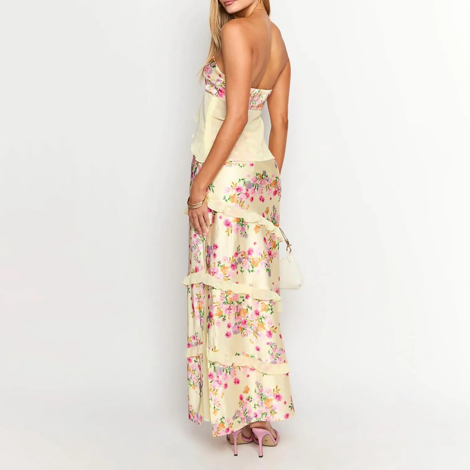 Adoeren Women Y2k Ruffle Maxi Skirt Set Sleeveless Strapless Crop Top Floral High Split Long Skirt 2 Piece Outfits