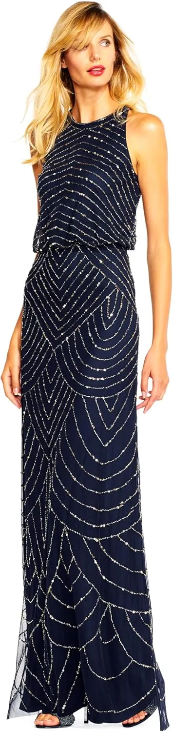 Adrianna Papell Women's Halter Art Deco Beaded Blouson Dress