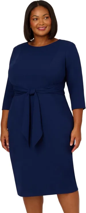 Adrianna Papell Women's Plus Size Knit Crepe TIE Waist Sheath, Navy Sateen