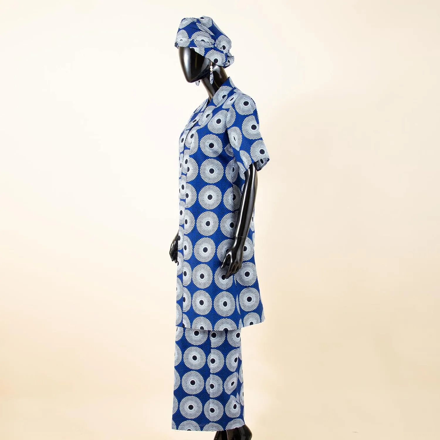 African Coat for Women 2 Piece Suit Set Traditional Ankara Print Jacket and Pants with Headwrap and Earrings