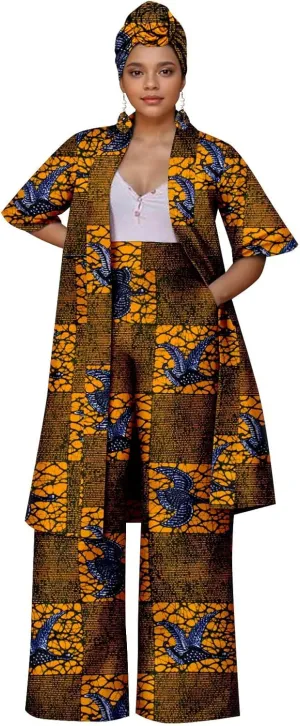 African Coat for Women 2 Piece Suit Set Traditional Ankara Print Jacket and Pants with Headwrap and Earrings