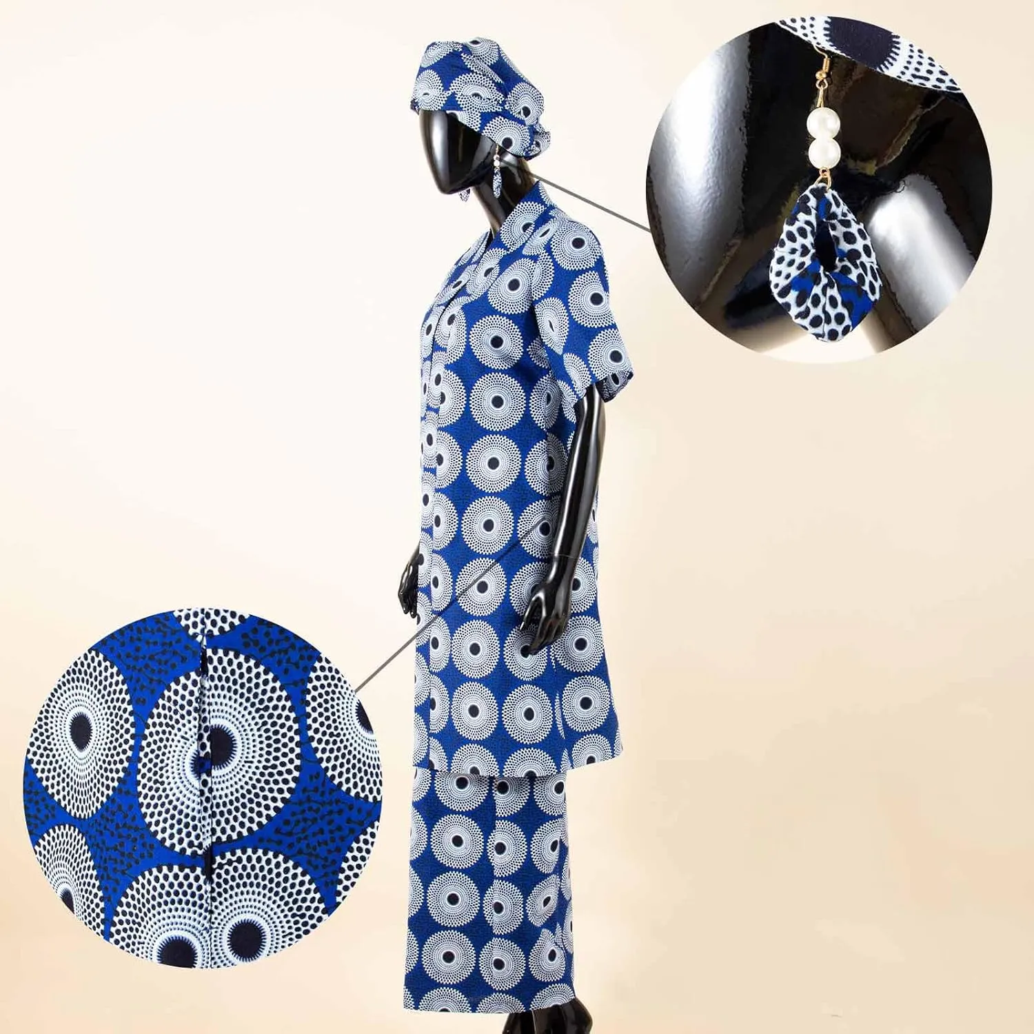 African Coat for Women 2 Piece Suit Set Traditional Ankara Print Jacket and Pants with Headwrap and Earrings