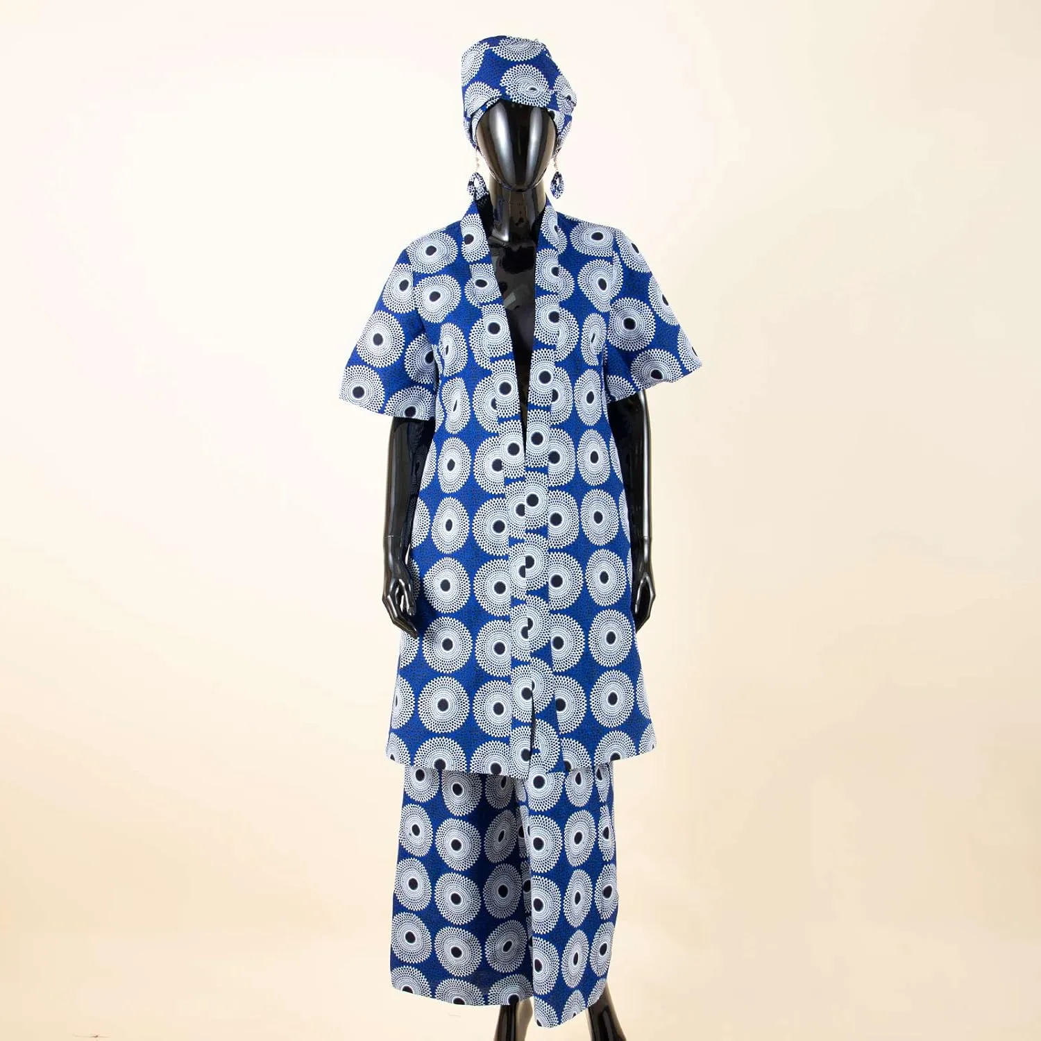 African Coat for Women 2 Piece Suit Set Traditional Ankara Print Jacket and Pants with Headwrap and Earrings