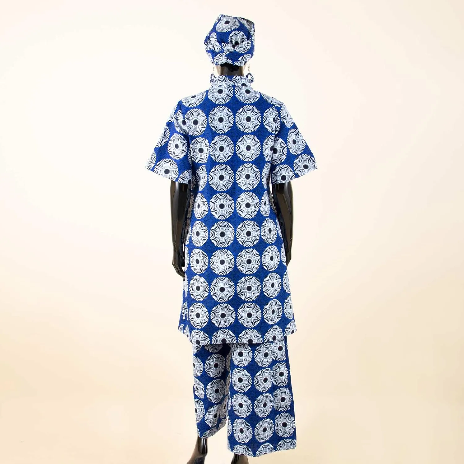 African Coat for Women 2 Piece Suit Set Traditional Ankara Print Jacket and Pants with Headwrap and Earrings