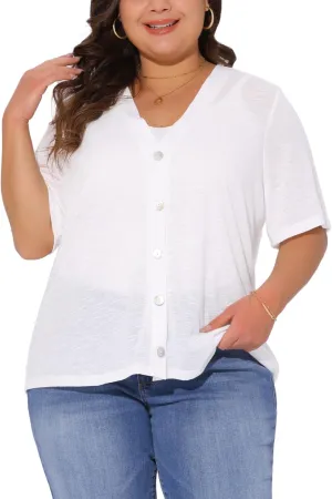 Agnes Orinda Plus Size Cardigan for Women Button Down Sheer Round Neck Short Sleeve Knitted Sweater