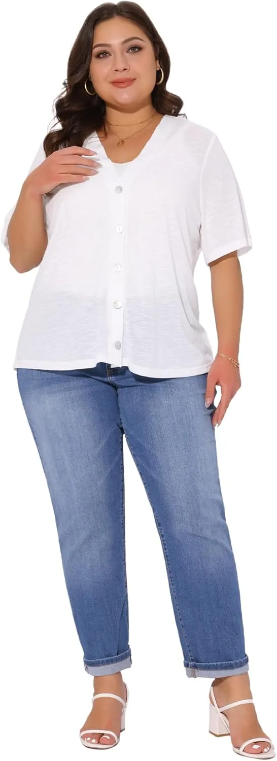 Agnes Orinda Plus Size Cardigan for Women Button Down Sheer Round Neck Short Sleeve Knitted Sweater
