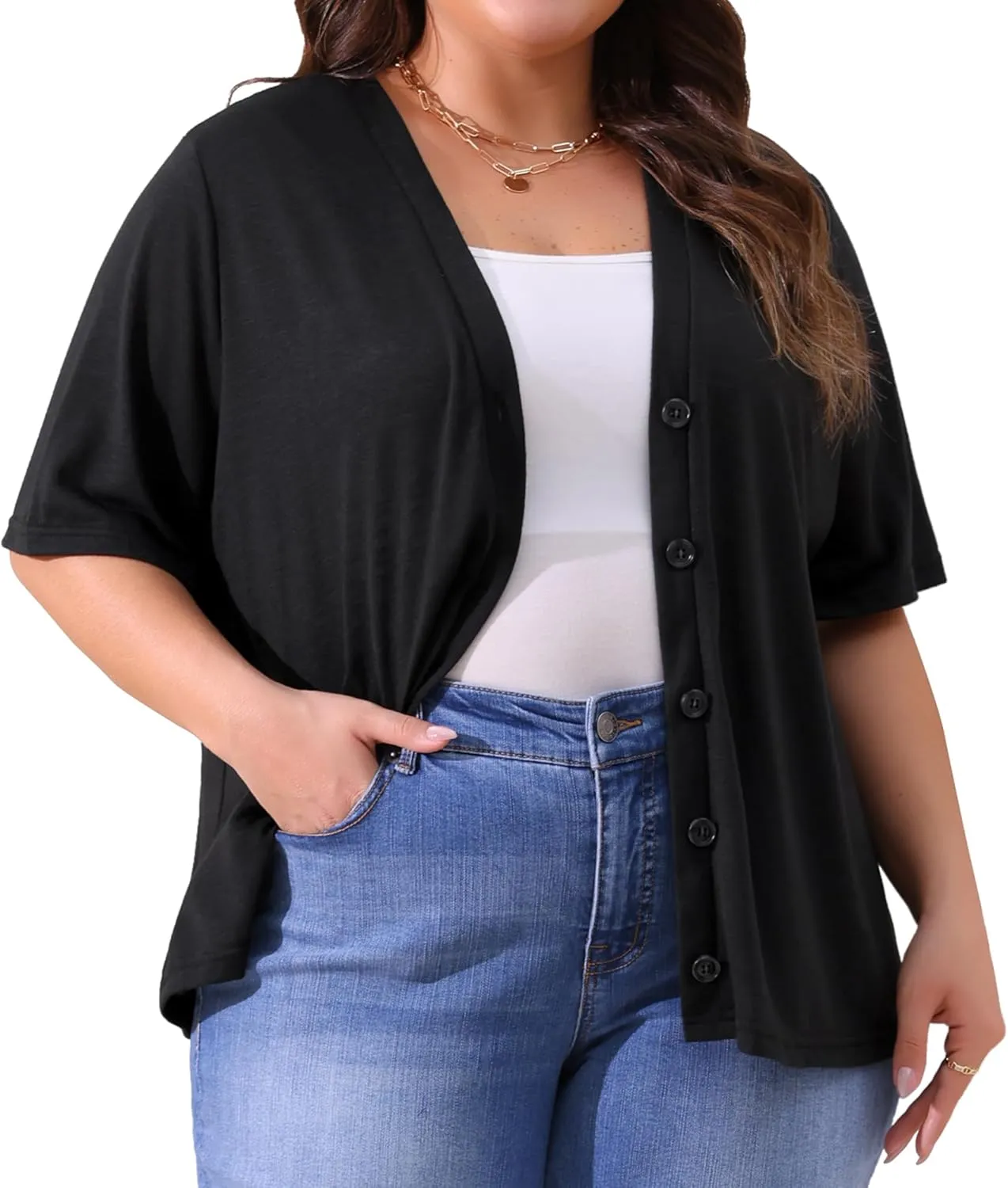 Agnes Orinda Plus Size Cardigan for Women Button Down Sheer Round Neck Short Sleeve Knitted Sweater