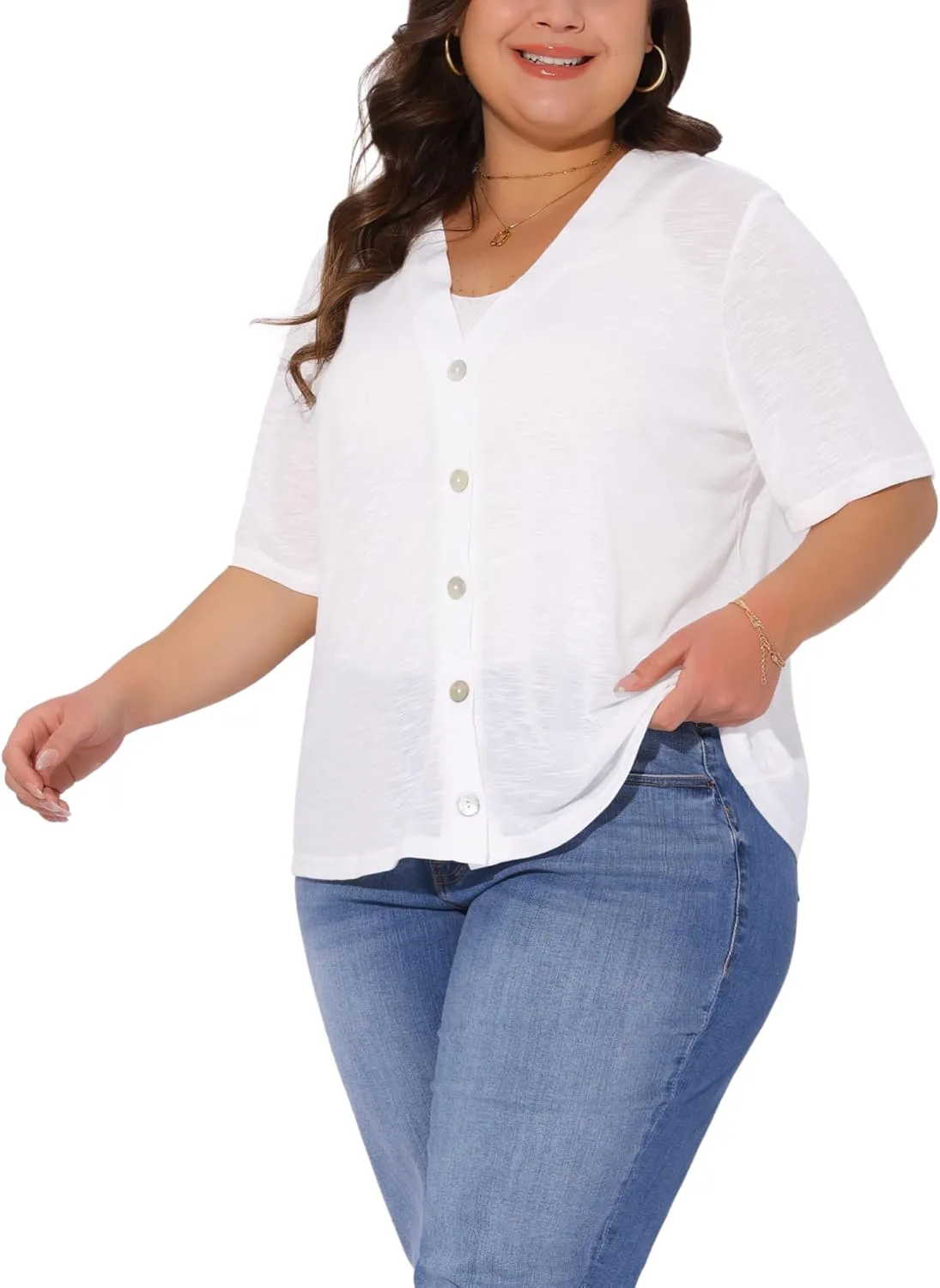 Agnes Orinda Plus Size Cardigan for Women Button Down Sheer Round Neck Short Sleeve Knitted Sweater