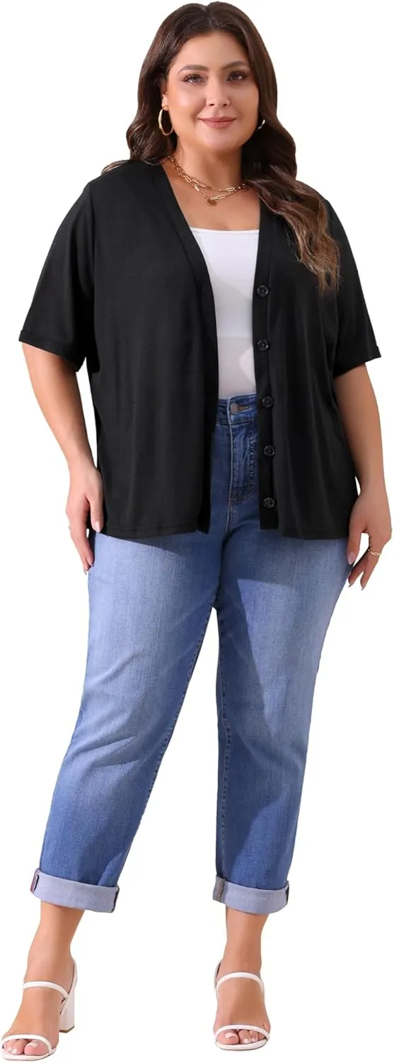 Agnes Orinda Plus Size Cardigan for Women Button Down Sheer Round Neck Short Sleeve Knitted Sweater
