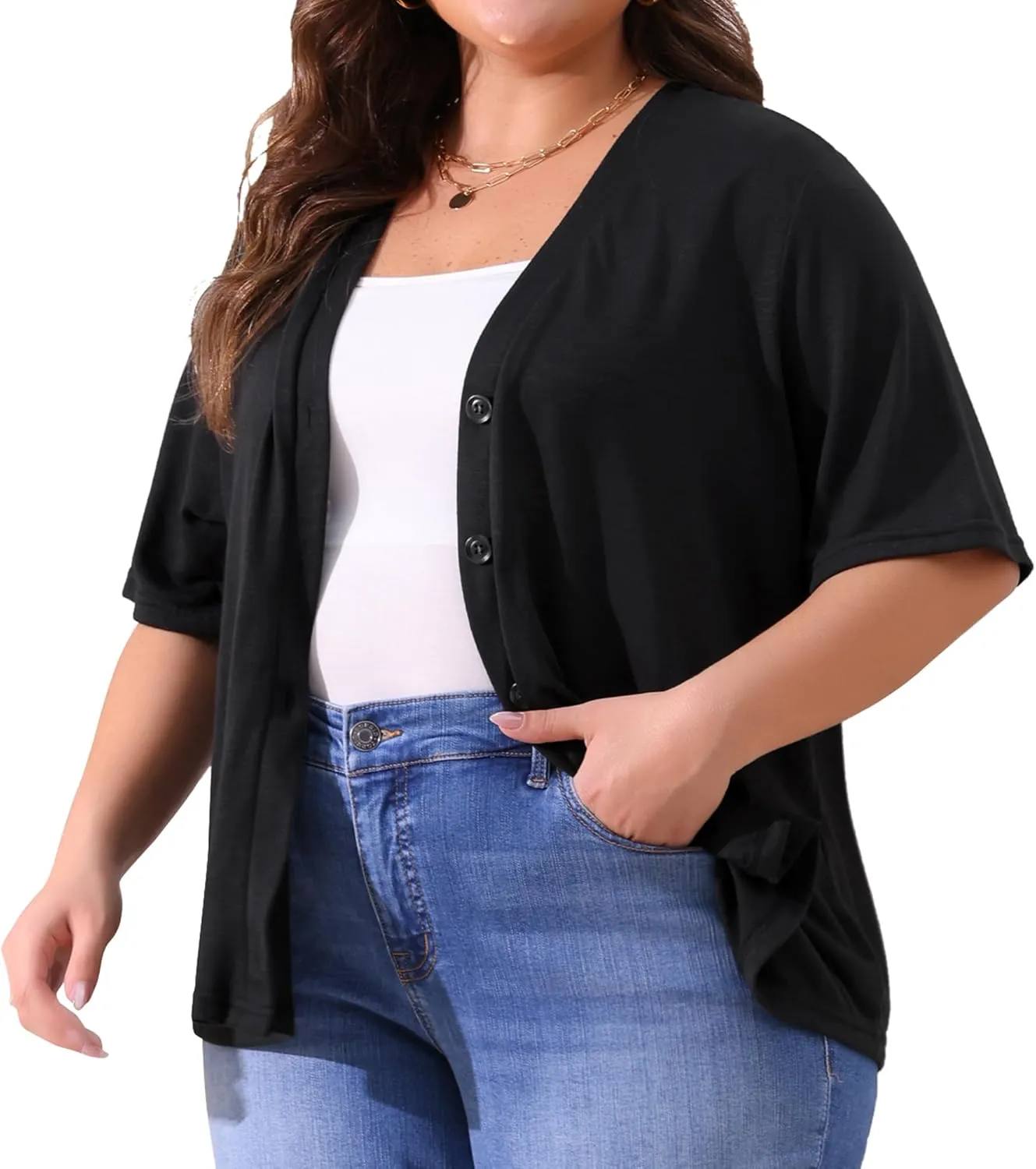 Agnes Orinda Plus Size Cardigan for Women Button Down Sheer Round Neck Short Sleeve Knitted Sweater