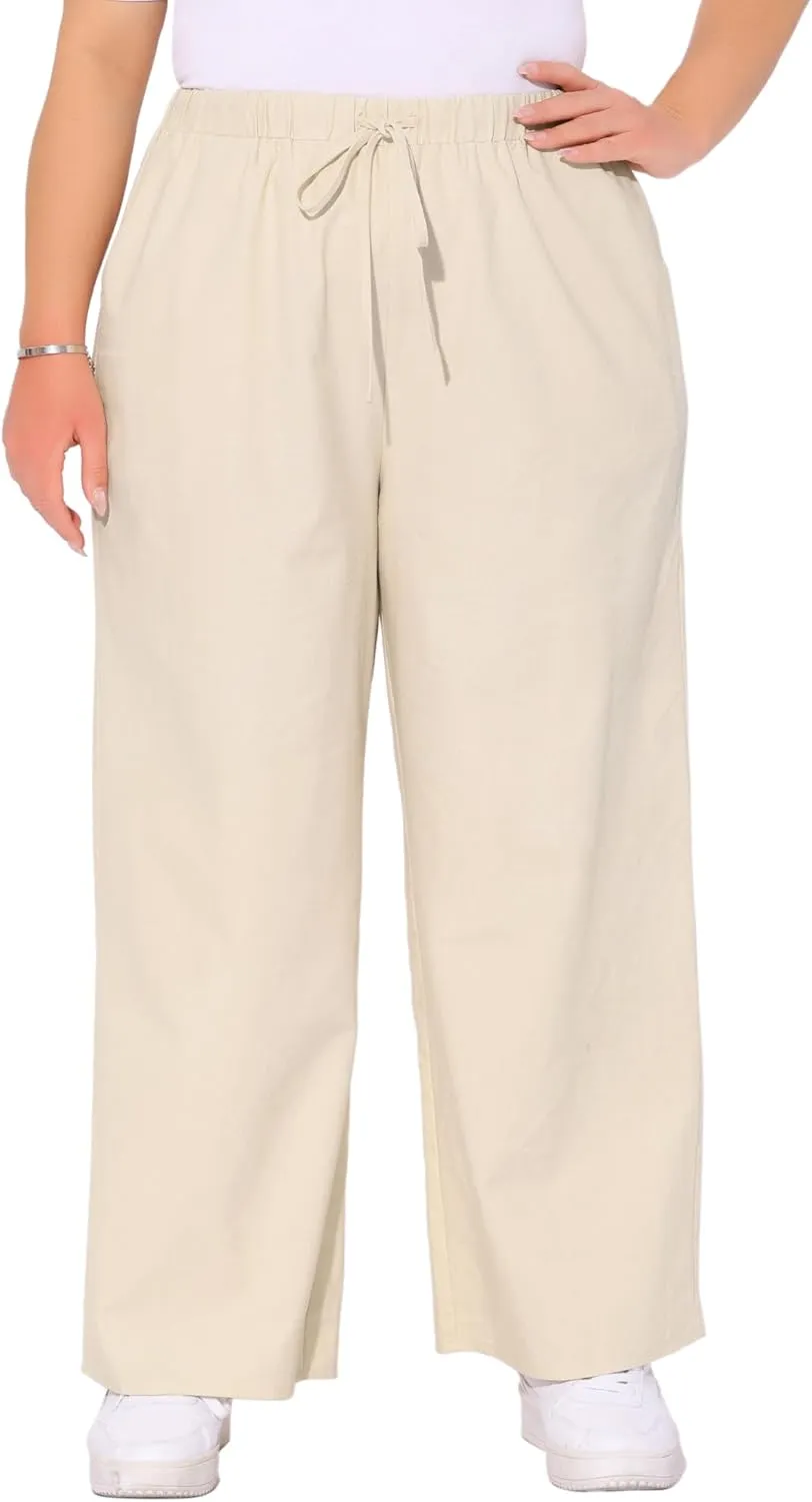 Agnes Orinda Plus Size Women's Cotton Linen Summer Palazzo Pants Drawstring Relaxed Fit Wide Leg Trousers with Pockets