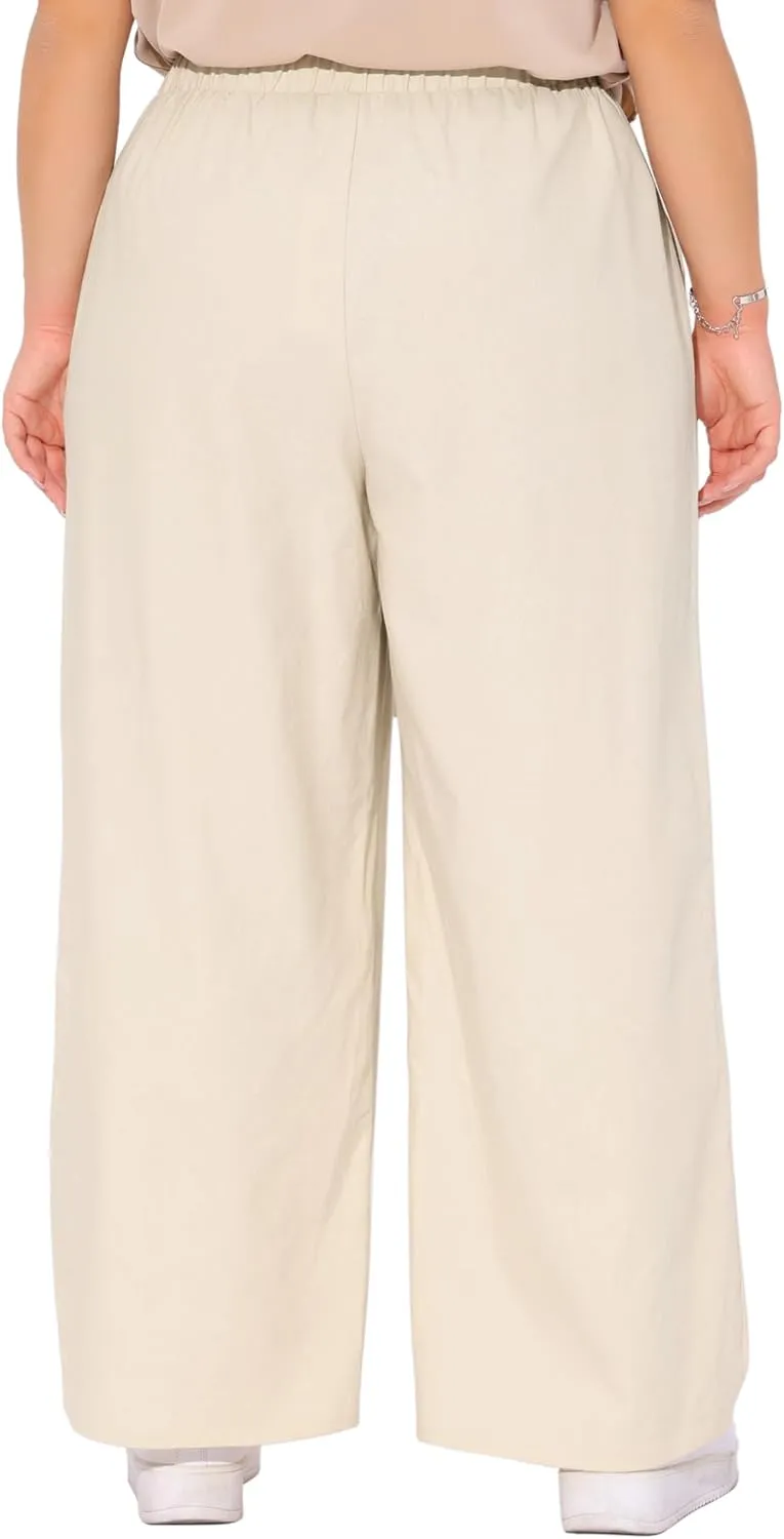 Agnes Orinda Plus Size Women's Cotton Linen Summer Palazzo Pants Drawstring Relaxed Fit Wide Leg Trousers with Pockets