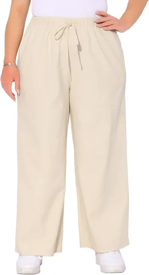 Agnes Orinda Plus Size Women's Cotton Linen Summer Palazzo Pants Drawstring Relaxed Fit Wide Leg Trousers with Pockets