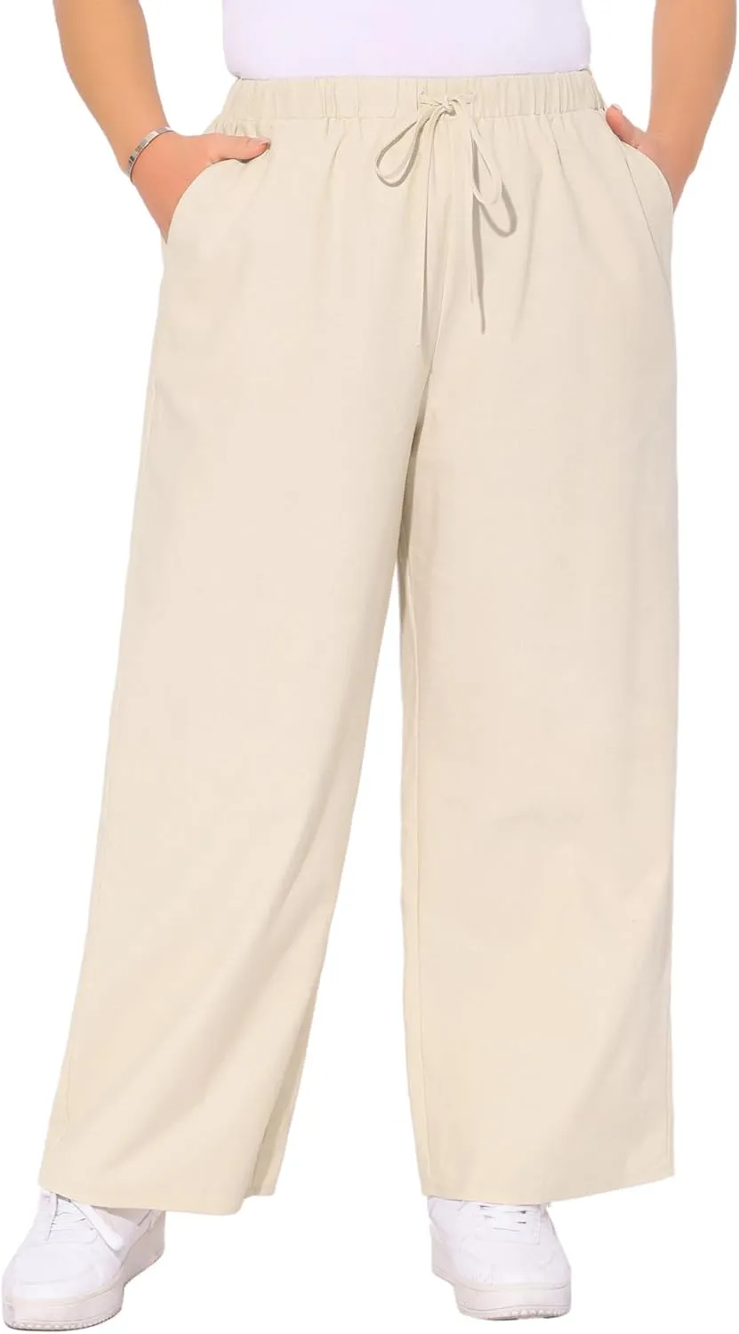 Agnes Orinda Plus Size Women's Cotton Linen Summer Palazzo Pants Drawstring Relaxed Fit Wide Leg Trousers with Pockets