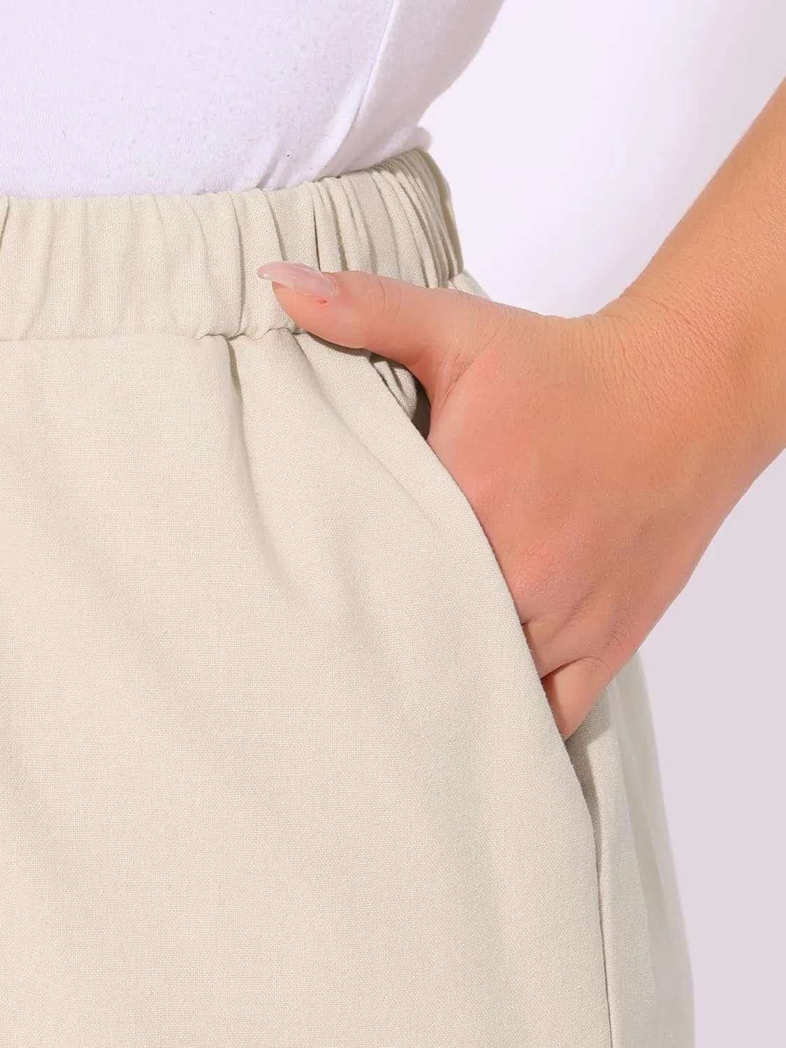 Agnes Orinda Plus Size Women's Cotton Linen Summer Palazzo Pants Drawstring Relaxed Fit Wide Leg Trousers with Pockets