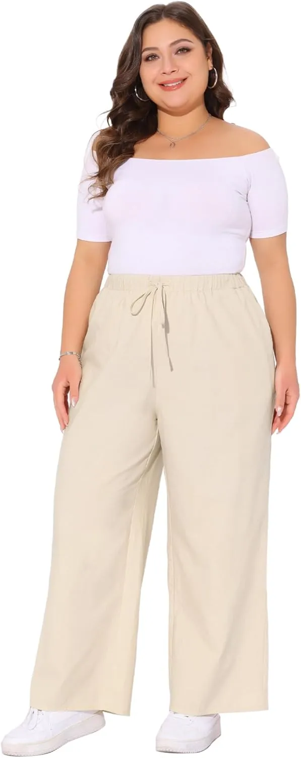 Agnes Orinda Plus Size Women's Cotton Linen Summer Palazzo Pants Drawstring Relaxed Fit Wide Leg Trousers with Pockets