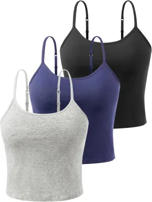 Air Curvey 3-Pack Womens Short Camisole Built in Bra Cotton Crop Tops Adjustable Spaghetti Strap Tank Tops