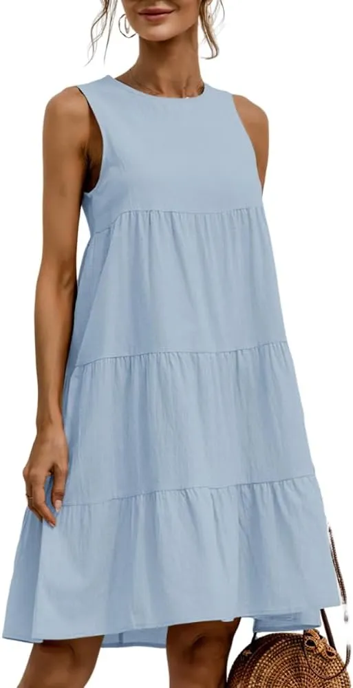 Akivide Women's Summer Cotton Linen Sleeveless Tank Dress Crew Neck Casual Loose Tunic A Line Beach Dresses