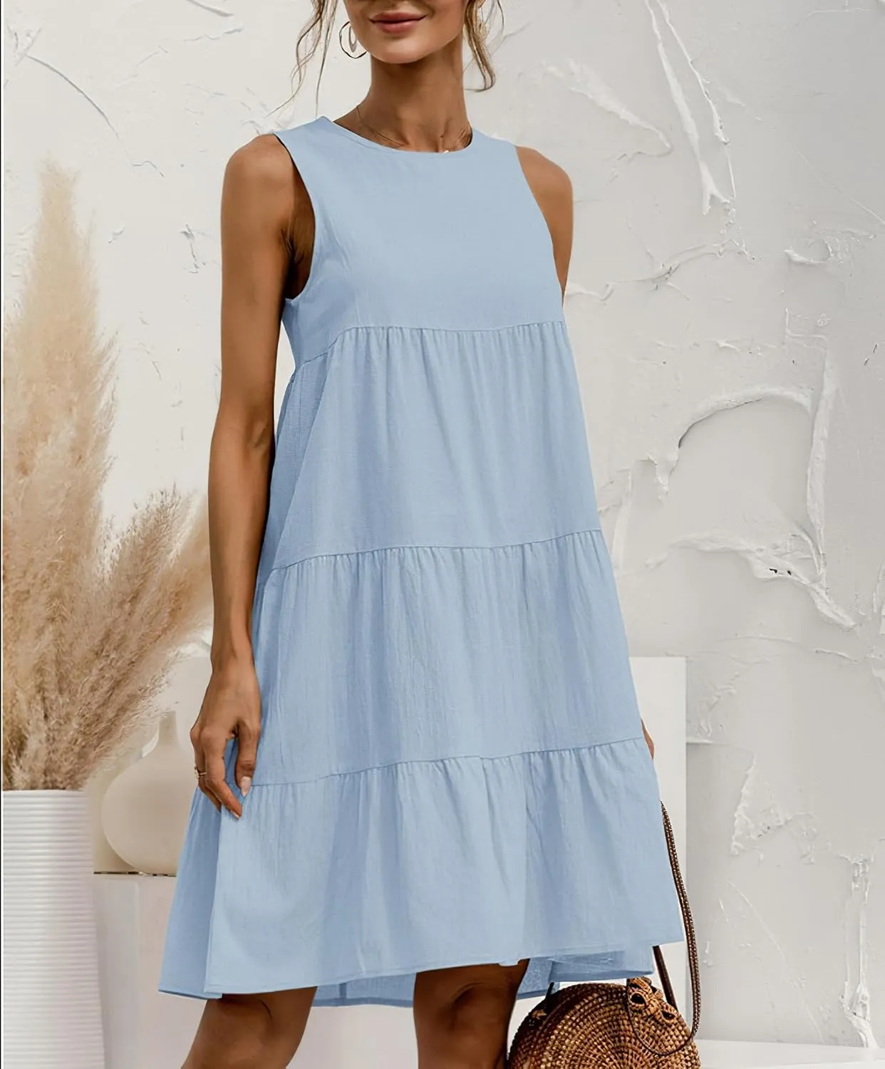 Akivide Women's Summer Cotton Linen Sleeveless Tank Dress Crew Neck Casual Loose Tunic A Line Beach Dresses