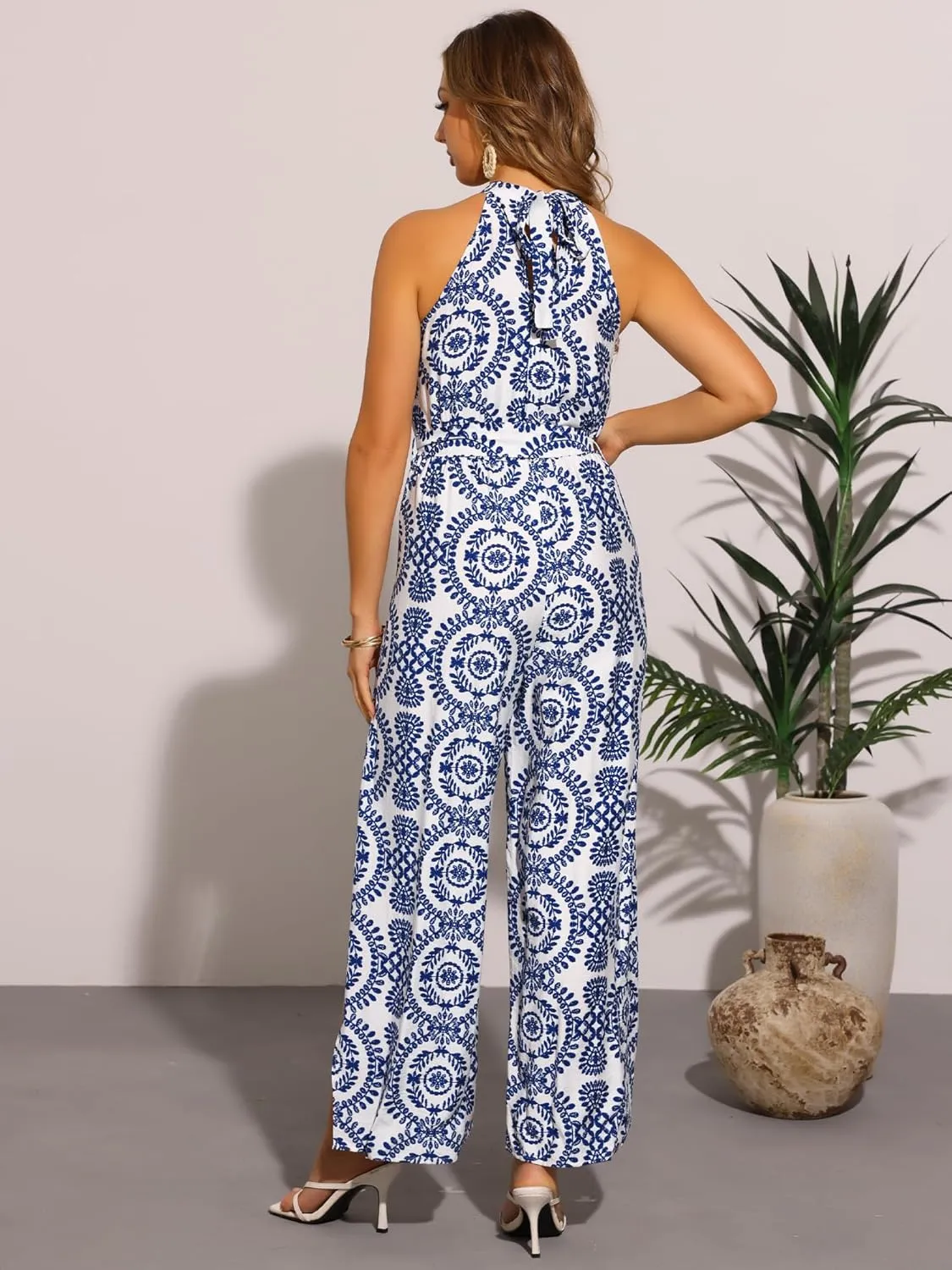 Allegra K Casual Sleeveless Jumpsuit for Women's Boho Pattern Tie Halter Neck Beach Slit Wide Leg Pants