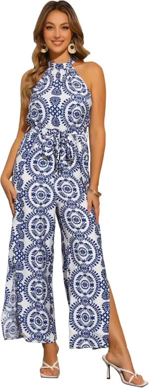 Allegra K Casual Sleeveless Jumpsuit for Women's Boho Pattern Tie Halter Neck Beach Slit Wide Leg Pants
