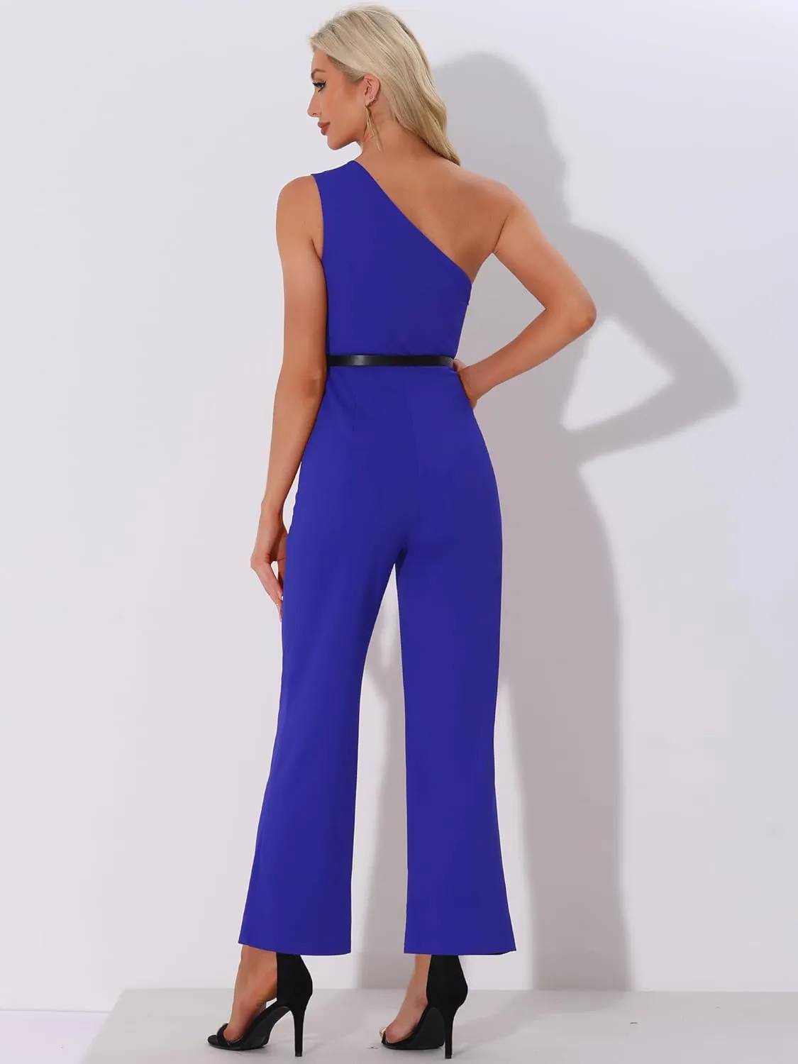 Allegra K Elegant Office Jumpsuit for Women's Dressy One Shoulder Belted Wide Leg Pants